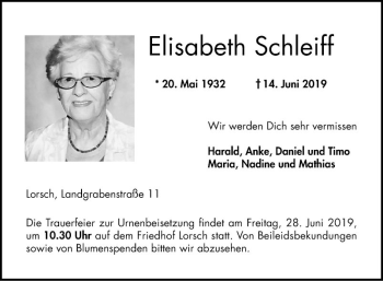 Traueranzeige von Elisabeth Schleiff von Bergsträßer Anzeiger