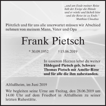 Traueranzeige von Frank Pietsch von Schwetzinger Zeitung