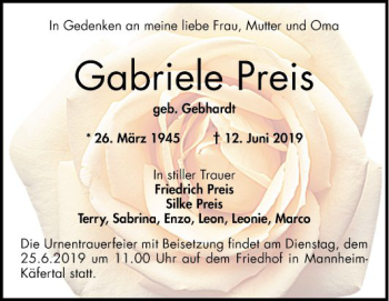 Traueranzeige von Gabriele Preis von Mannheimer Morgen