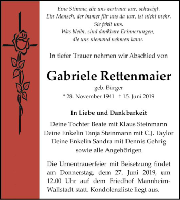 Traueranzeige von Gabriele Rettenmaier von Mannheimer Morgen