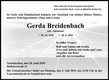 Traueranzeige von Gerda Breidenbach von Fränkische Nachrichten