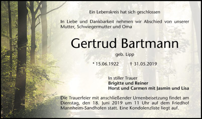  Traueranzeige für Gertrud Bartmann vom 15.06.2019 aus Mannheimer Morgen