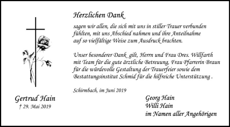  Traueranzeige für Gertrud Hain vom 25.06.2019 aus Fränkische Nachrichten