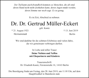 Traueranzeige von Gertrud Müller-Eckert von Mannheimer Morgen