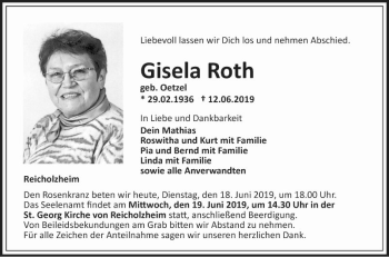 Traueranzeige von Gisela Roth von Fränkische Nachrichten