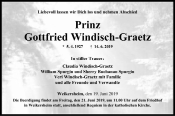 Traueranzeige von Gottfried  Windisch-Graetz von Fränkische Nachrichten