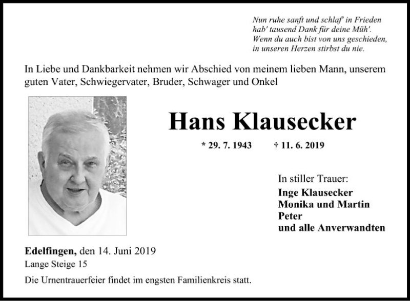  Traueranzeige für Hans Klausecker vom 14.06.2019 aus Fränkische Nachrichten