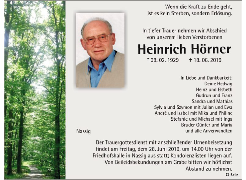  Traueranzeige für Heinrich Hörner vom 22.06.2019 aus Fränkische Nachrichten