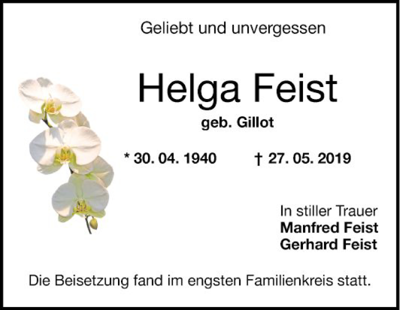 Traueranzeige für Helga Feist vom 22.06.2019 aus Mannheimer Morgen
