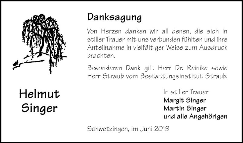 Traueranzeige für Helmut Singer vom 22.06.2019 aus Schwetzinger Zeitung