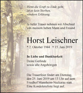 Traueranzeige von Horst Leischner von Mannheimer Morgen