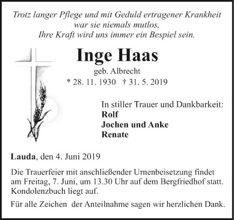  Traueranzeige für Inge Haas vom 04.06.2019 aus Fränkische Nachrichten