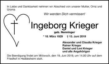 Traueranzeige von Ingeborg Krieger von Mannheimer Morgen