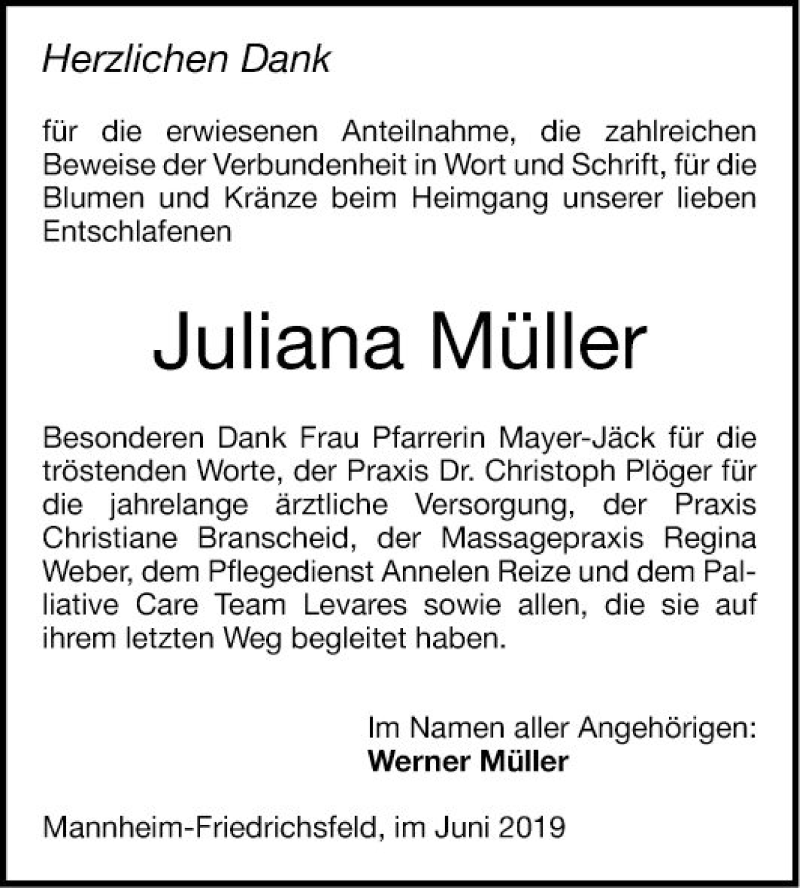  Traueranzeige für Juliana Müller vom 08.06.2019 aus Mannheimer Morgen