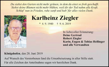 Traueranzeige von Karlheinz Ziegler von Fränkische Nachrichten