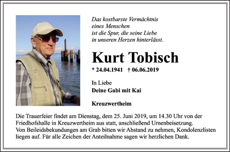  Traueranzeige für Kurt Tobisch vom 19.06.2019 aus Fränkische Nachrichten