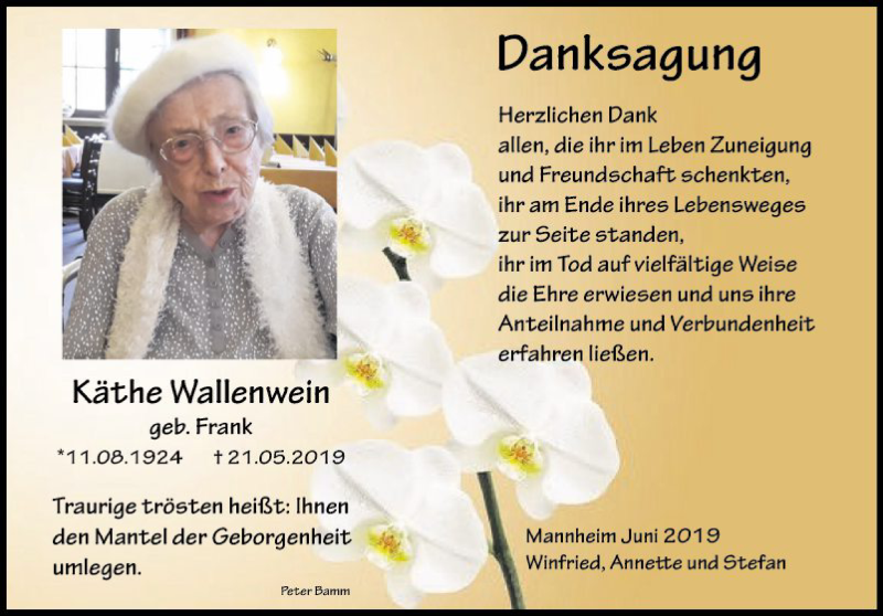  Traueranzeige für Käthe Wallenwein vom 15.06.2019 aus Mannheimer Morgen