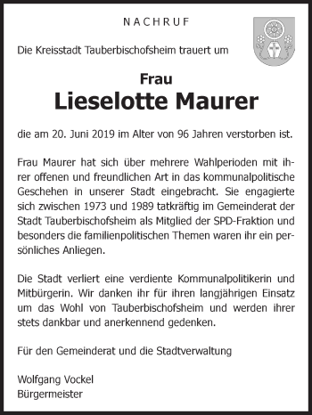 Traueranzeige von Lieselotte Maurer von Fränkische Nachrichten