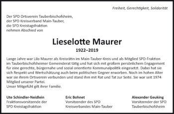 Traueranzeige von Lieselotte Maurer von Fränkische Nachrichten