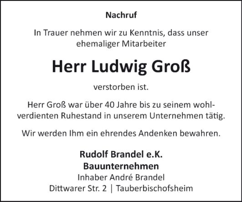 Traueranzeige für Ludwig Groß vom 15.06.2019 aus Fränkische Nachrichten