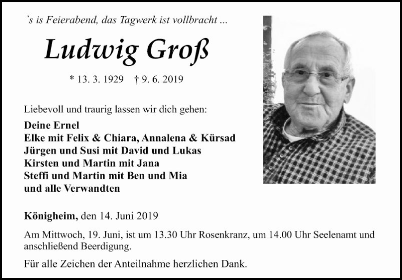 Traueranzeige für Ludwig Groß vom 14.06.2019 aus Fränkische Nachrichten
