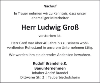 Traueranzeige von Ludwig Groß von Fränkische Nachrichten