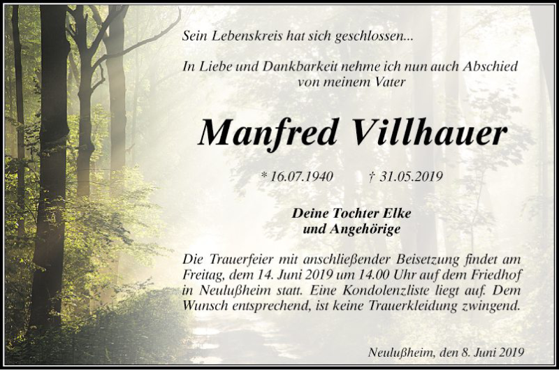  Traueranzeige für Manfred Villhauer vom 08.06.2019 aus Schwetzinger Zeitung