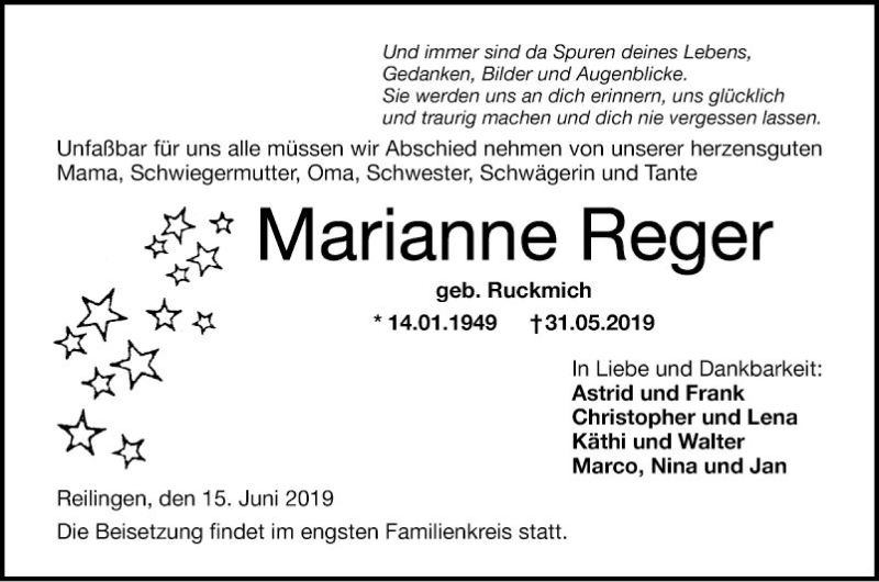  Traueranzeige für Marianne Reger vom 15.06.2019 aus Schwetzinger Zeitung