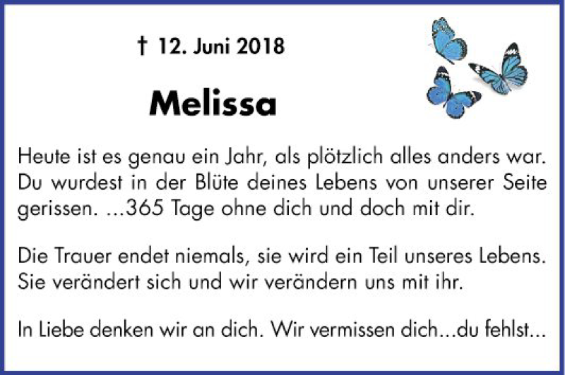  Traueranzeige für Melissa Diehl vom 12.06.2019 aus Bergsträßer Anzeiger