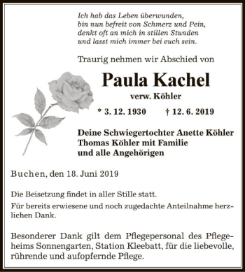 Traueranzeige von Paula Kachel von Fränkische Nachrichten