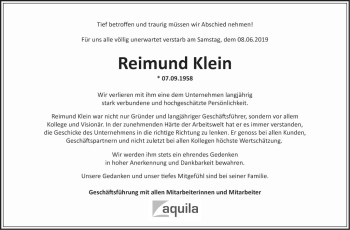 Traueranzeige von Reimund Klein von Fränkische Nachrichten