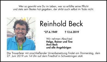 Traueranzeige von Reinhold Beck von Schwetzinger Zeitung