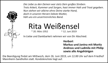 Traueranzeige von Rita Weißensel von Mannheimer Morgen