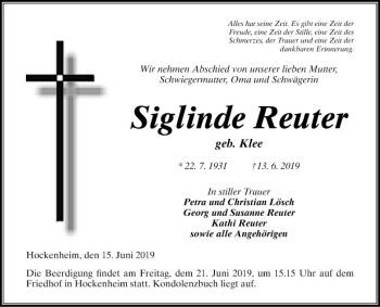 Traueranzeige von Siglinde Reuter von Schwetzinger Zeitung