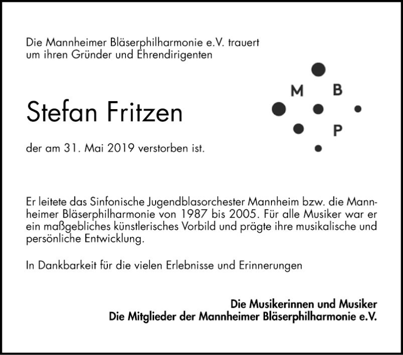  Traueranzeige für Stefan Fritzen vom 08.06.2019 aus Mannheimer Morgen