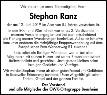 Traueranzeige von Stephan Ranz von Bergsträßer Anzeiger