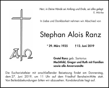 Traueranzeige von Stephan Alois Ranz von Bergsträßer Anzeiger