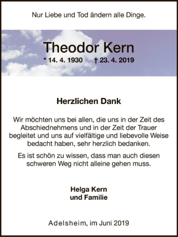 Traueranzeige von Theodor Kern von Fränkische Nachrichten