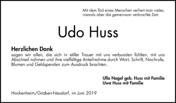 Traueranzeige von Udo Huss von Schwetzinger Zeitung