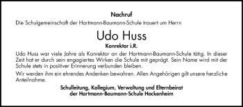 Traueranzeige von Udo Huss von Schwetzinger Zeitung