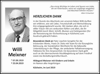 Traueranzeige von Willi Meixner von Fränkische Nachrichten