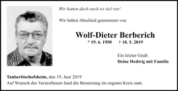 Traueranzeige von Wolf-Dieter Berberich von Fränkische Nachrichten