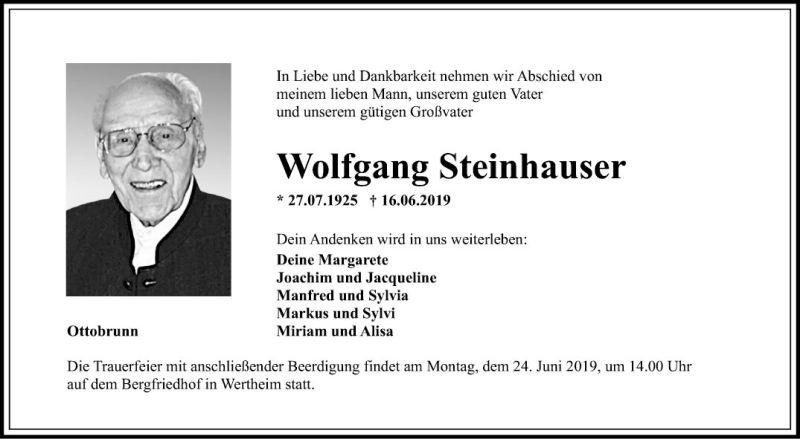  Traueranzeige für Wolfgang Steinhauser vom 19.06.2019 aus Fränkische Nachrichten