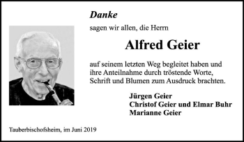 Traueranzeige von Alfred Geier von Fränkische Nachrichten