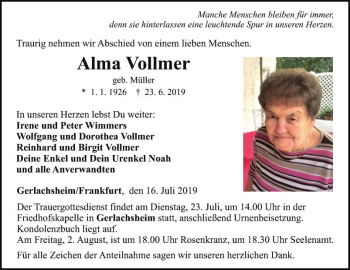 Traueranzeige von Alma Volkner von Fränkische Nachrichten