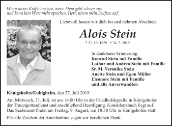 Traueranzeige von Alois Stein von Fränkische Nachrichten