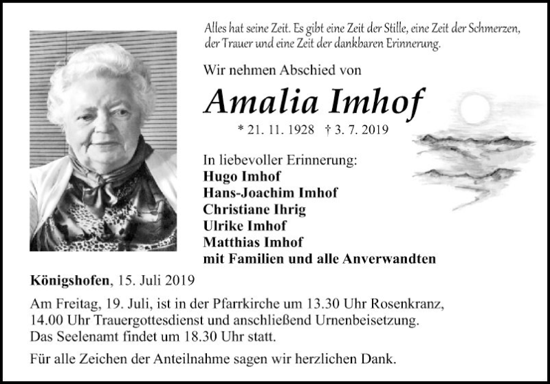  Traueranzeige für Amalia Imhof vom 15.07.2019 aus Fränkische Nachrichten