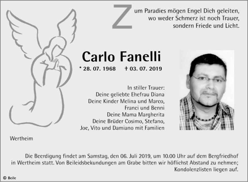  Traueranzeige für Carlo Fanelli vom 05.07.2019 aus Fränkische Nachrichten