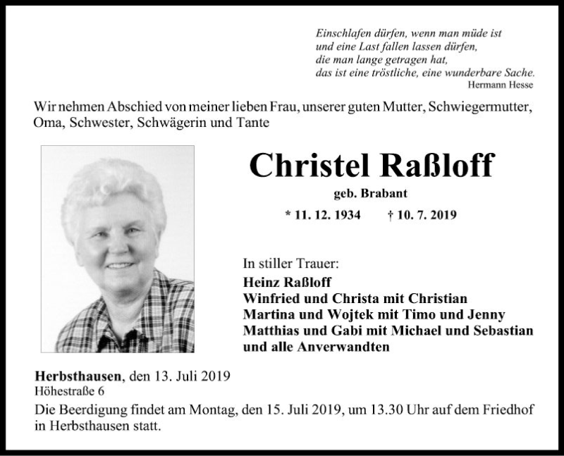  Traueranzeige für Christel Raßloff vom 13.07.2019 aus Fränkische Nachrichten