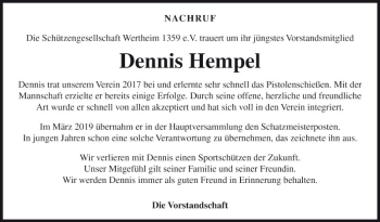 Traueranzeige von Dennis Hempel von Fränkische Nachrichten